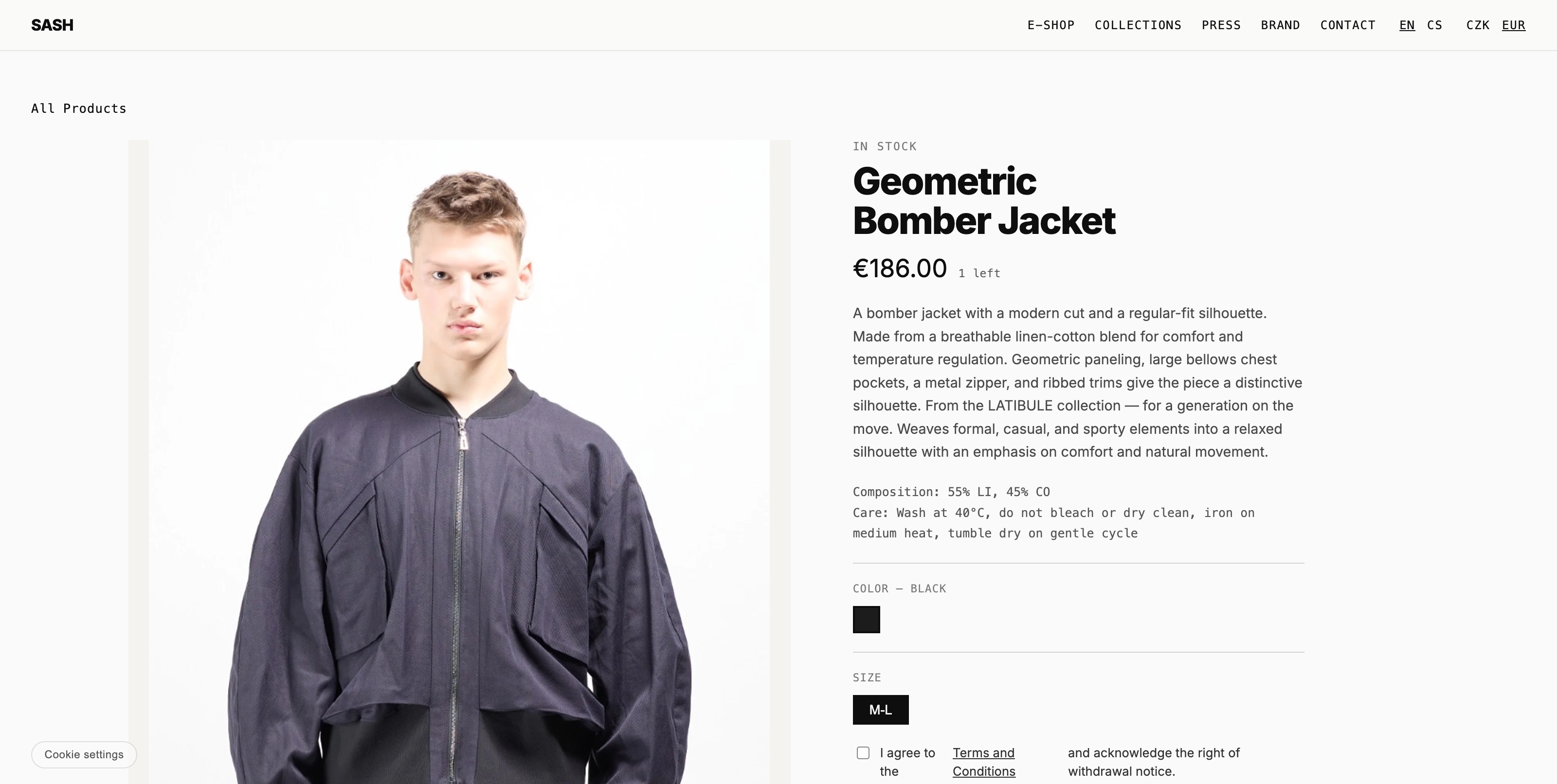 SASH product page with stock, size and checkout